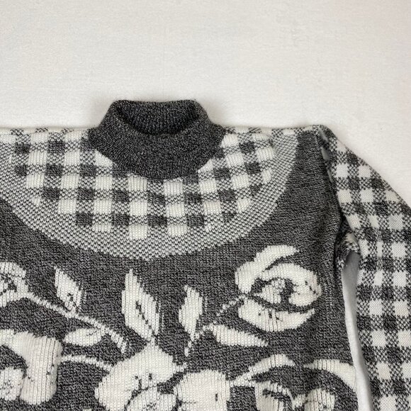 Vintage Made in USA 80s Jamnits Floral Roses Black White Checkered Knit Sweater - Picture 3 of 6
